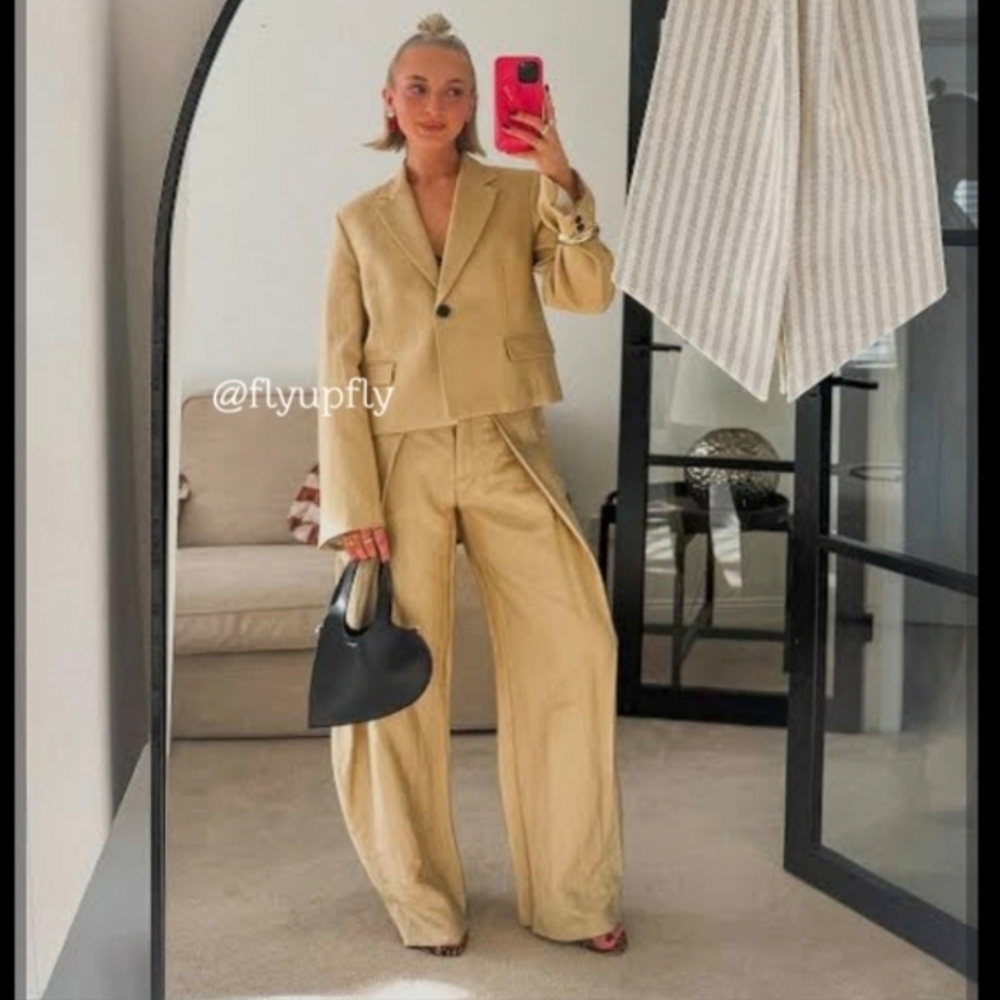 ZARA SET 2 pc METALLIC BLAZER JACKET AND WIDE PANTS GOLD SIZE S/M - Picture 6 of 13